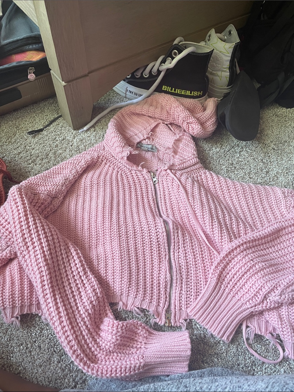 Cropped Light Pink Hooded Zip Knit Cardigan